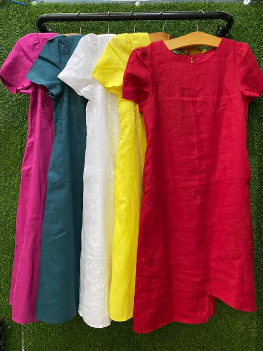 Linen Embellished Dress, with flutter sleeve